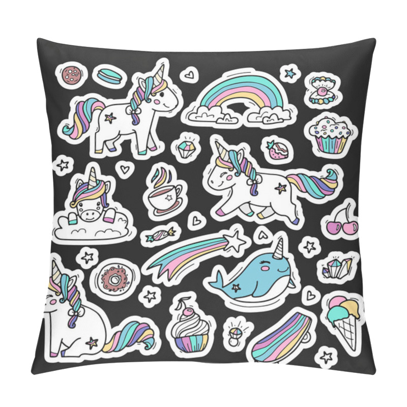 Personality  Magic Animals Vector Illustrations Set. Cute Unicorn And Yummy Stickers Isolated On Black Background. Cartoon Rainbow Food Drawings Pack. Fairy Tale Patches. Girlish Toys And Sweets Collection Pillow Covers