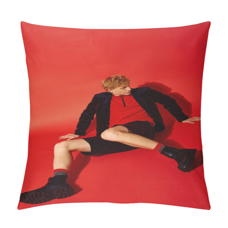 Personality  A Fashionable Man Showcases Modern Holiday Attire With A Striking Red Backdrop, Embodying Festive Spirit And Style For Christmas 2025. His Confident Pose Highlights The Bold Look Of The Season. Pillow Covers