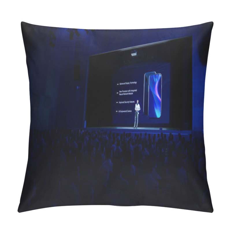 Personality  Live Event With Brand New Products Reveal: Keynote Speaker Presents Smartphone Device To Audience. Movie Theater Screen Shows Mock-up Touch Screen Phone With High-Tech Features And Top Highlights Pillow Covers