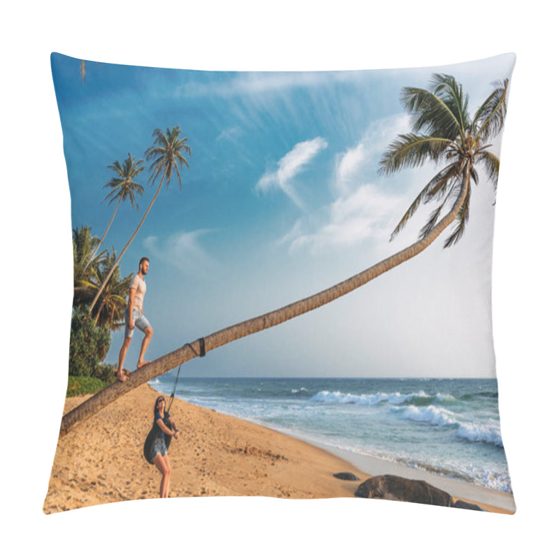 Personality  A Couple In Love Meets The Sunset On The Beach With Palm Trees. Wedding Travel. Guy And Girl Traveling Around Asia. Man And Woman Resting In Sri Lanka. Couple In Love At Sunset. Couple On The Island Pillow Covers