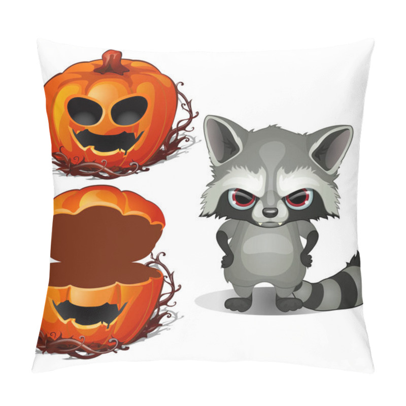 Personality  Serious Evil Raccoon And Halloween Scary Pumpkin Face. Vector Illustration In Cartoon Style Isolated On A White Background Pillow Covers