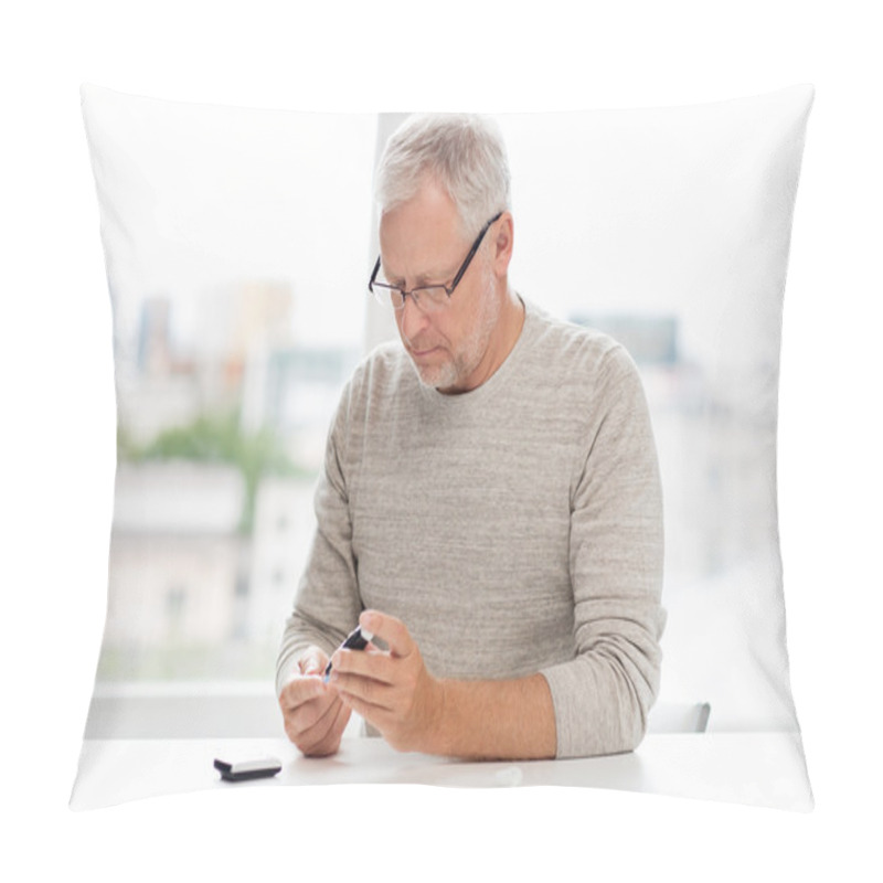 Personality  Senior Man With Glucometer Checking Blood Sugar Pillow Covers