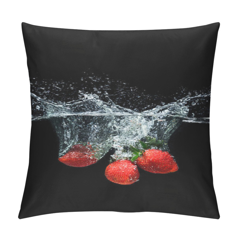 Personality  Close Up View Of Motion Of Ripe Strawberries Falling Into Water Isolated On Black Pillow Covers