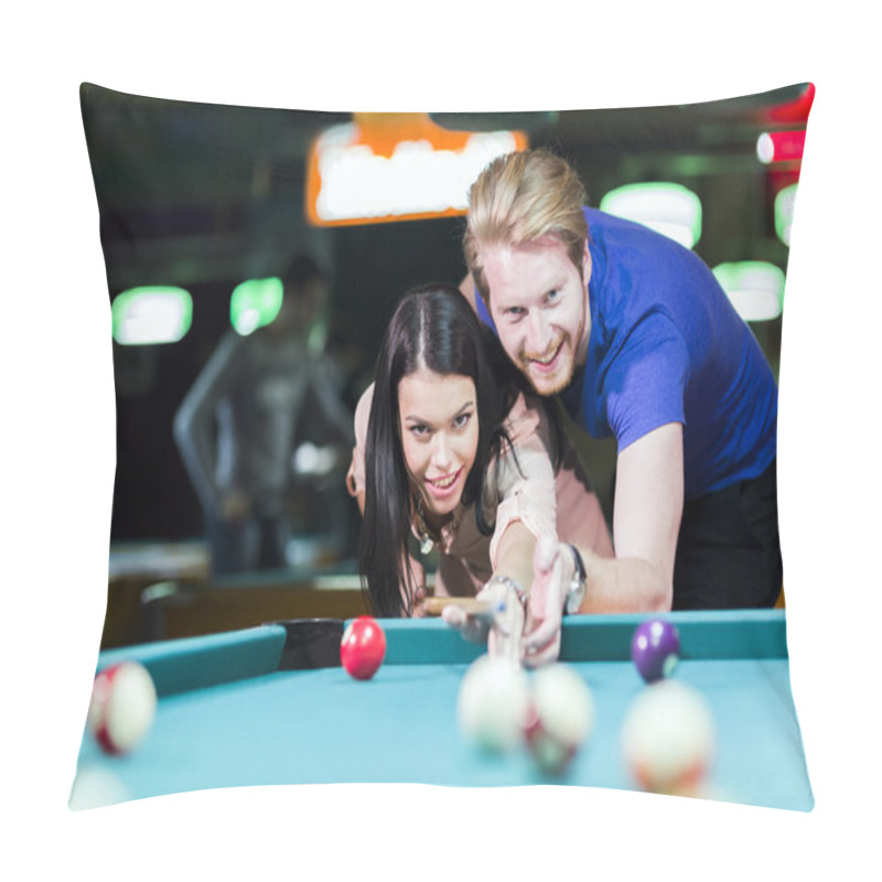 Personality  Man And Woman Flirting While Playing Billiard Pillow Covers