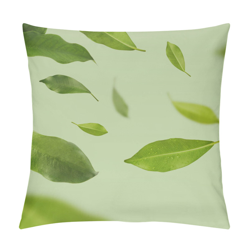 Personality  Vividly Flying In The Air Green Tea Leaves Isolated On White Bac Pillow Covers