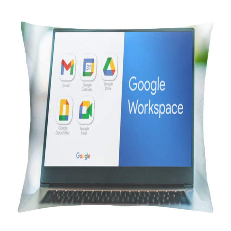 Personality  POZNAN, POL - JUL 20, 2022: Laptop Computer Displaying Logo Of Google Workspace, A Collection Of Cloud Computing, Productivity And Collaboration Tools, Software And Products By Google Pillow Covers