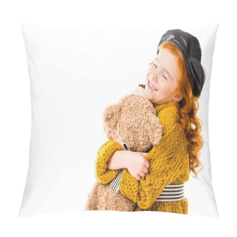 Personality  Happy Red Hair Child Hugging Teddy Bear With Closed Eyes Isolated On White  Pillow Covers