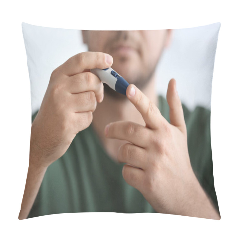 Personality  Diabetic Man Taking Blood Sample With Lancet Pen, Closeup Pillow Covers