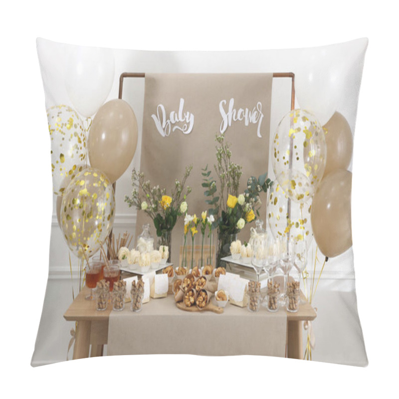 Personality  Tasty Treats And Glasses Of Drink On Table In Room. Baby Shower Party Pillow Covers