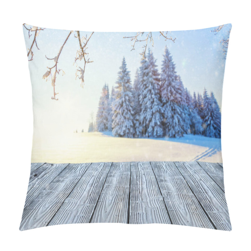 Personality  Beautiful Snowy Landscape Panorama With Empty Old Wooden Planks Pillow Covers