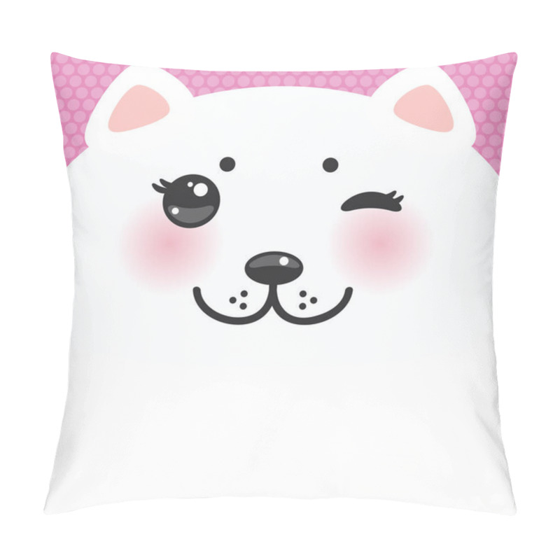 Personality  Cute Cartoon Kawaii Funny White Cat Muzzle With Pink Cheeks And Wink Eyes On A Lilac Background. Card Banner Design Nursery Decor Trend Of The Season, Scandinavian Style. Vector Illustration Pillow Covers