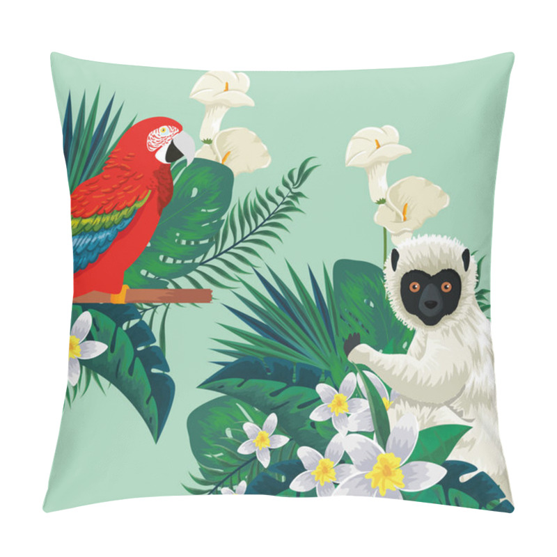 Personality  Parrot And Lemur Animals With Flowers Plants And Leaves Pillow Covers