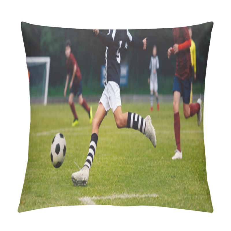 Personality  Soccer Player Running And Kicking Ball On A Game. Junior Level Footballers Play Football Tournament Match. Soccer Competition Between School Boys Teams Pillow Covers