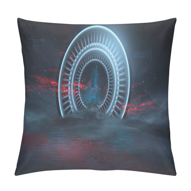 Personality  Futuristic Fantasy Night Landscape With Abstract Landscape And Island, Moonlight, Radiance, Moon, Neon. Dark Natural Scene With Light Reflection In Water. Neon Space Galaxy Portal. 3D Illustration.  Pillow Covers