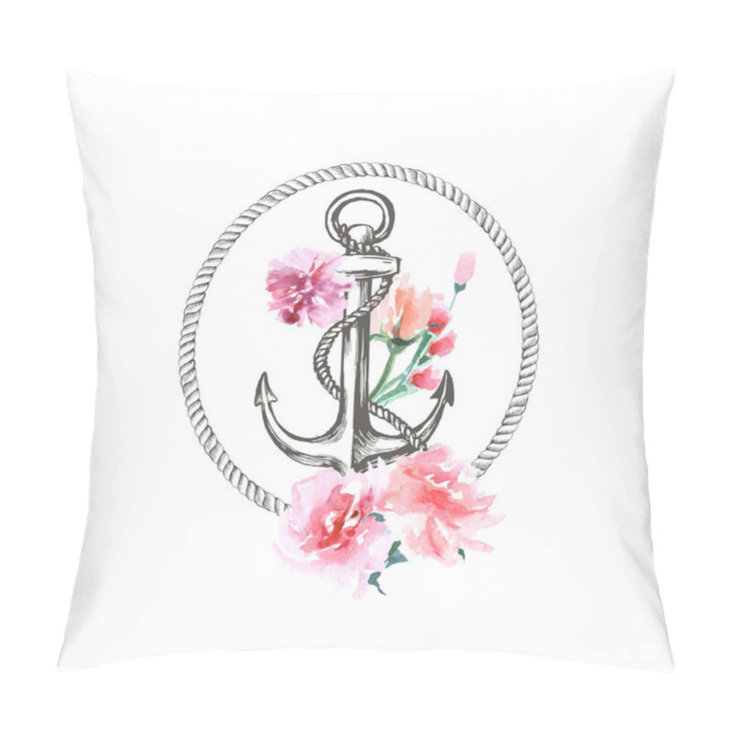 Personality  Watercolor Hand Drawn Nautical, Marine, Floral Illustration With Anchor, Rope And Flower Bouquet Arrangement Vector Template Pillow Covers