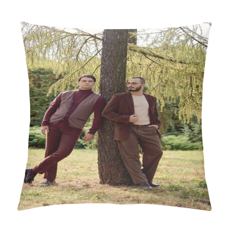 Personality  Two Handsome Men Dressed In Fashionable Autumn Attire Stand Confidently In A Beautiful Field Surrounded By Nature. Pillow Covers