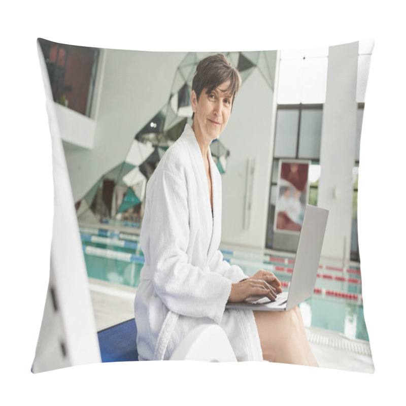 Personality  Freelancer, Middle Aged Woman Using Laptop, Sitting On Lounger In Spa Center, Swimming Pool, Smile Pillow Covers