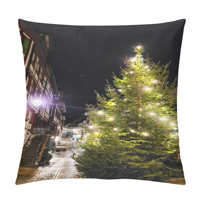 Personality  View Of The Christmas Tree In The Evening, Decorated With Lights, Next To The Medieval Timber Framing House Pillow Covers