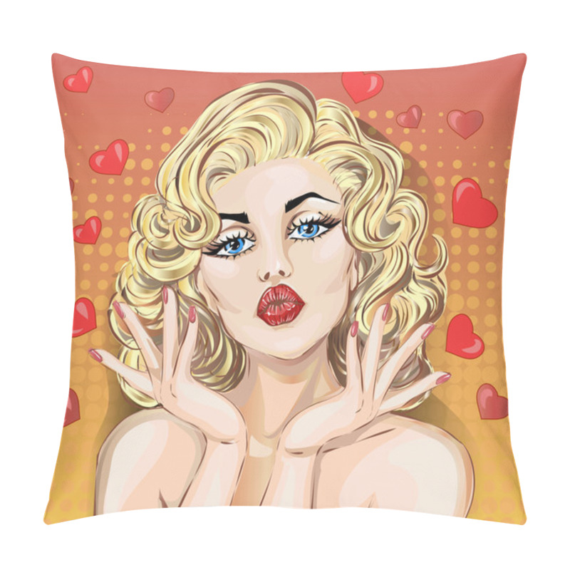 Personality  Valentine Day Pin-up Sexy Woman Portrait With Air Kiss And Hearts. Pillow Covers