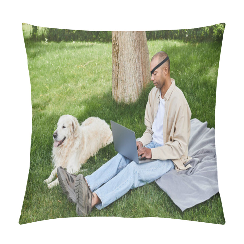 Personality  A Man With Myasthenia Gravis Syndrome Sits In The Grass, Working On A Laptop Beside His Loyal Labrador Dog. Pillow Covers