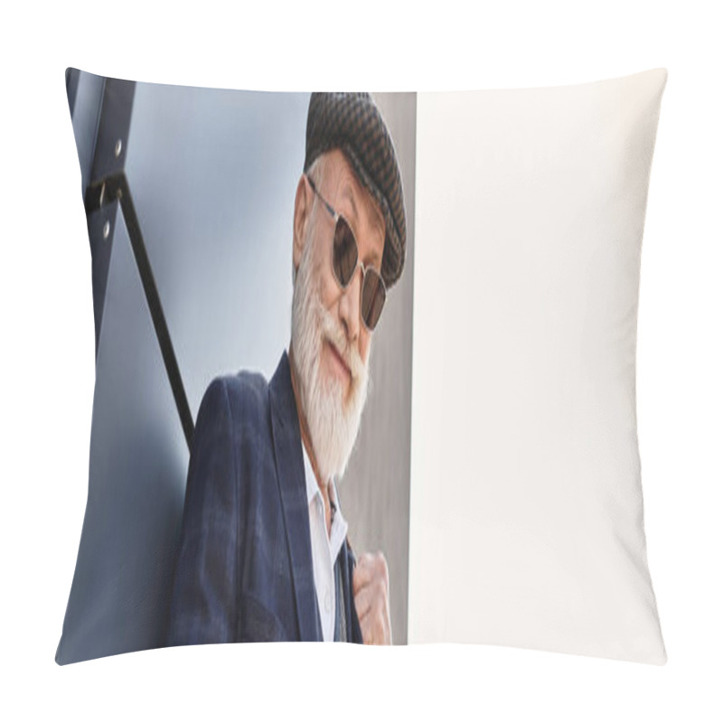 Personality  A Dapper Senior Gentleman With A Beard Confidently Poses Outdoors In Smart Casual Attire On A Cool Autumn Day. Pillow Covers