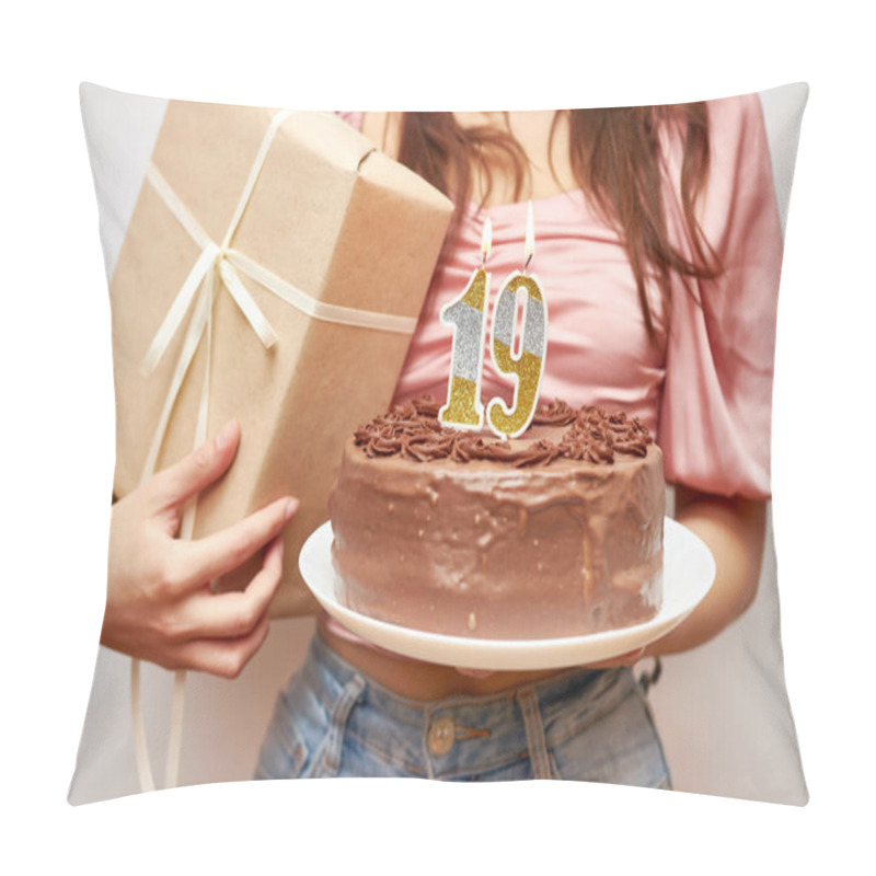 Personality  The Girl Is Holding A Festive Cake With A Candle In The Form Of The Number 19 And A Gift. Birthday Celebration Concept. Pillow Covers