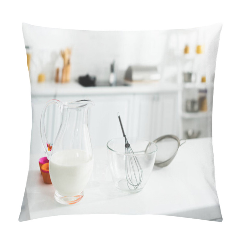 Personality  Jug With Milk, Bowl, Balloon Whisk, Sieve On Table In Kitchen  Pillow Covers