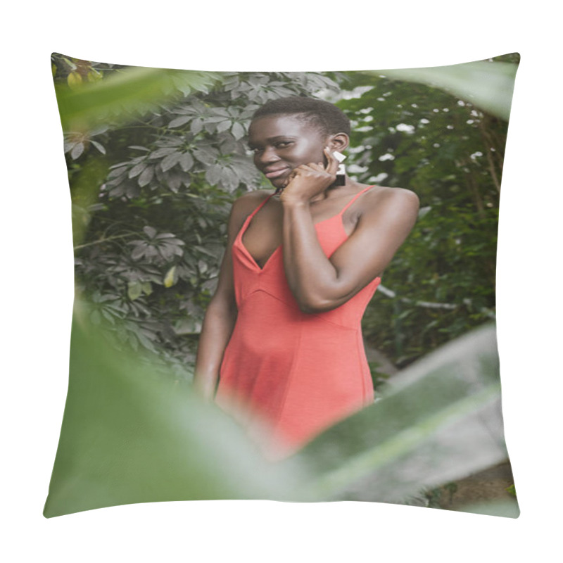 Personality  Selective Focus Of Stylish African American Woman Posing In Red Dress In Garden Pillow Covers