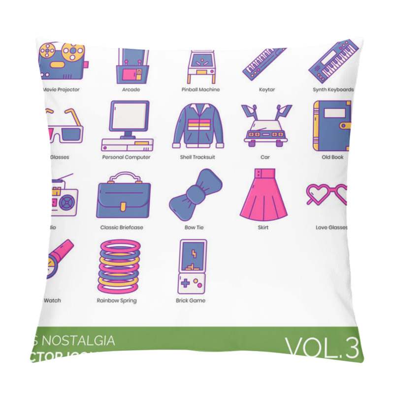 Personality  Eighties Nostalgia Icons Including Movie Projector, Arcade, Pinball Machine, Keytar, Synth Keyboard, 3D, Personal Computer, Shell Tracksuit, Car, Old Book, Radio, Classic Briefcase, Bow Tie, Skirt, Love Glasses, Watch, Rainbow Spring, Brick Game. Pillow Covers