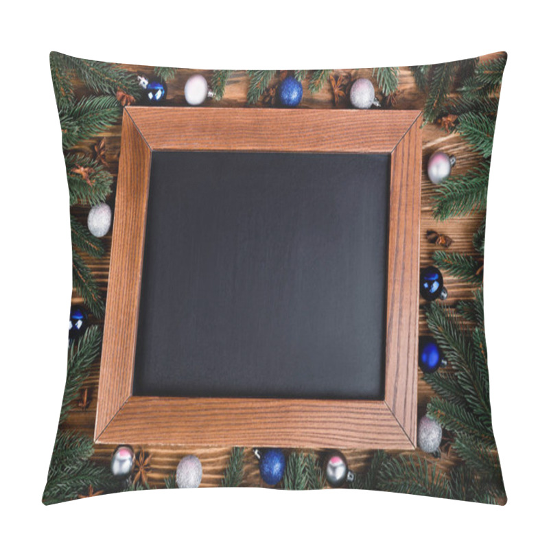 Personality  Flat Lay With Blank Chalkboard, Baubles, Pine Branches And Anise Stars On Brown Wooden Background Pillow Covers