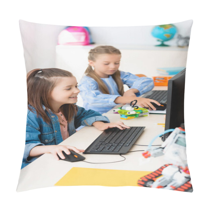 Personality  Selective Focus Of Schoolgirls Using Computers Near Robots In Stem School  Pillow Covers