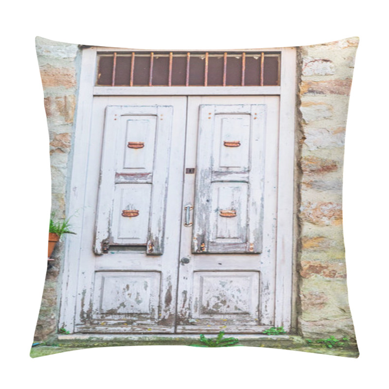 Personality  Italy, Sicily, Palermo Province, Pollina. Old Wooden Door On A Stone Building In The Town Of Pollina. Pillow Covers