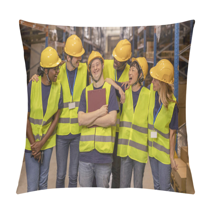 Personality  A Diverse And Inclusive Warehouse Team In Safety Gear, Smiling And Bonding Together, Promoting Social Inclusion At Work. Pillow Covers