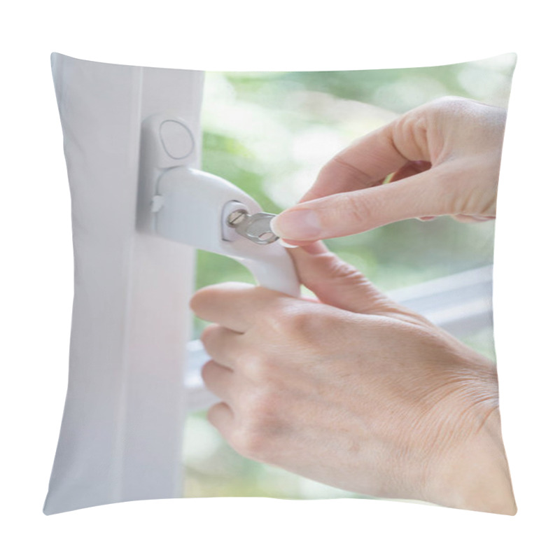 Personality  Close Up Of Woman Turning Key In Window Lock Pillow Covers