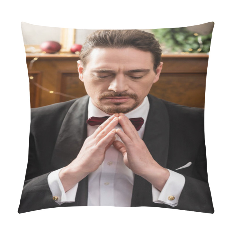 Personality  Portrait Of Confident Man In Tuxedo With Bow Tie Sitting With Hands Together And Fingers Crossed Pillow Covers