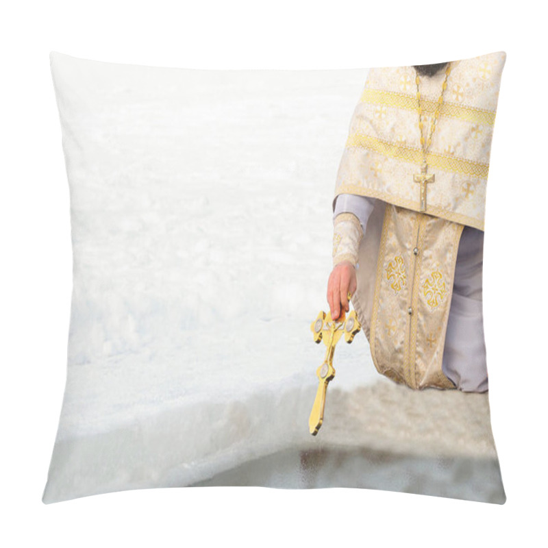 Personality  The Priest Sanctifies The Water Cross In The Hole On The Feast Of The Baptism Of The Lord. Traditional Rite Of Consecration Of Water On Epiphany. Pillow Covers