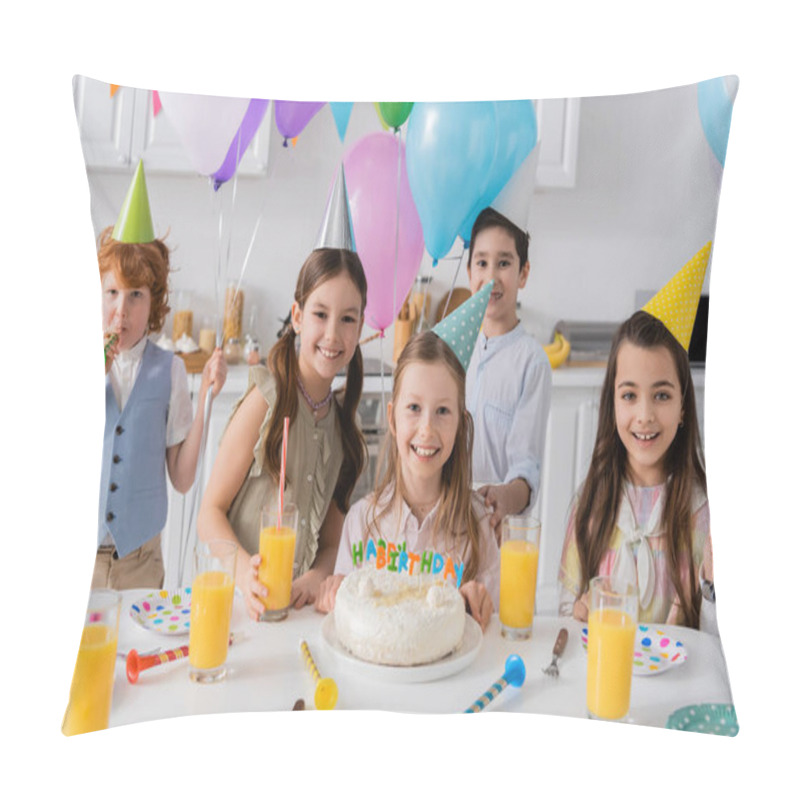 Personality  Group Of Happy Kids Celebrating Birthday Party Next To Cake With Candles At Home Pillow Covers