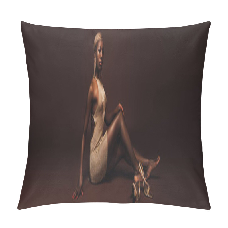 Personality  Seductive African American Woman With Short Hair Posing In Glamorous Dress On Brown Pillow Covers