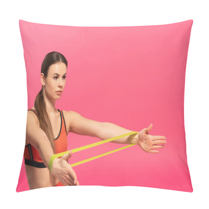 Personality  Beautiful Sportswoman Working Out With Resistance Band On Pink  Pillow Covers