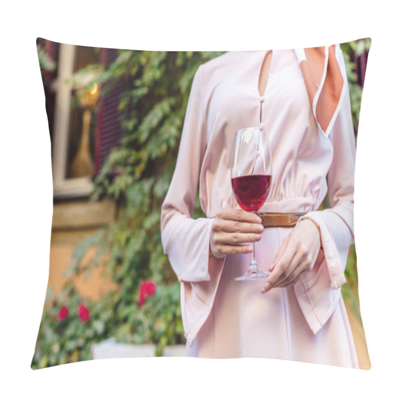 Personality  Partial View Of Woman Holding Glass Of Red Wine While Standing Near House Covered With Green Ivy Pillow Covers