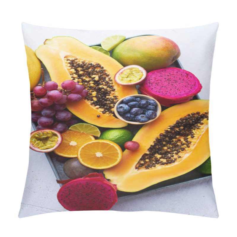 Personality  Organic Healthy Plate Of Summer Tropical Exotic Fruits On Concrete Background.  Pillow Covers