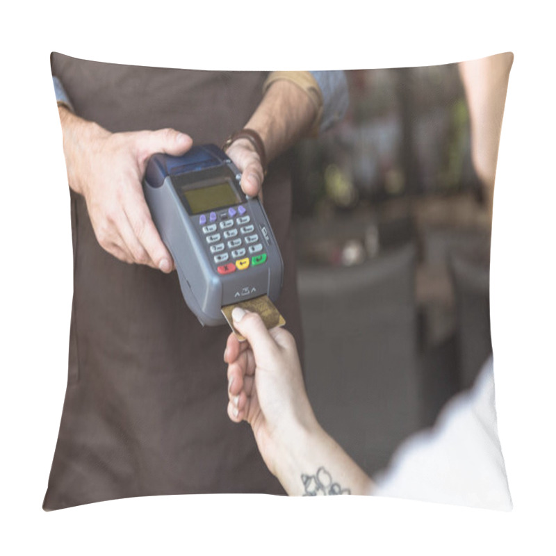 Personality  Cropped Shot Of Waiter Holding Payment Terminal While Customer Inserting Credit Card Pillow Covers