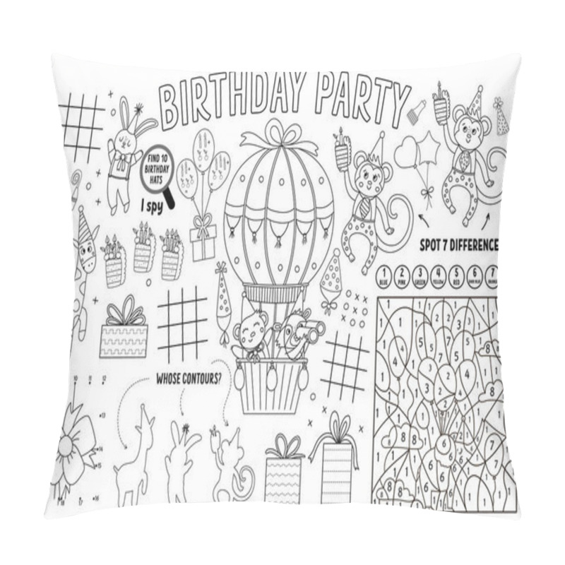 Personality  Vector Happy Birthday Placemat For Kids. Holiday Party Printable Activity Mat With Maze, Tic Tac Toe Charts, Connect The Dots, Find Difference. Black And White Play Mat Or Coloring Pag Pillow Covers