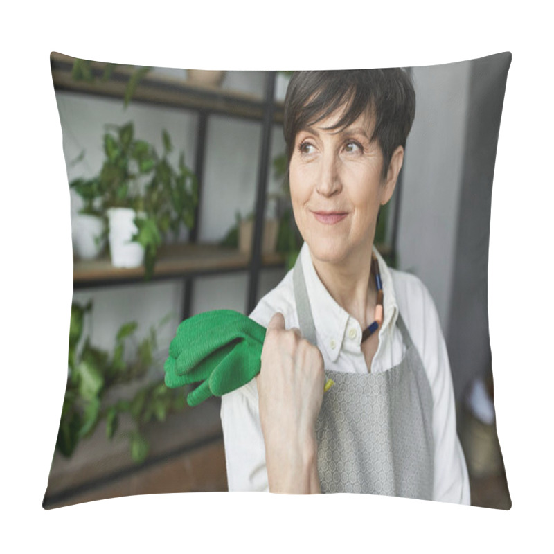 Personality  Woman With Gloves Lovingly Attends To Her Plants In A Bright, Inviting Studio. Pillow Covers