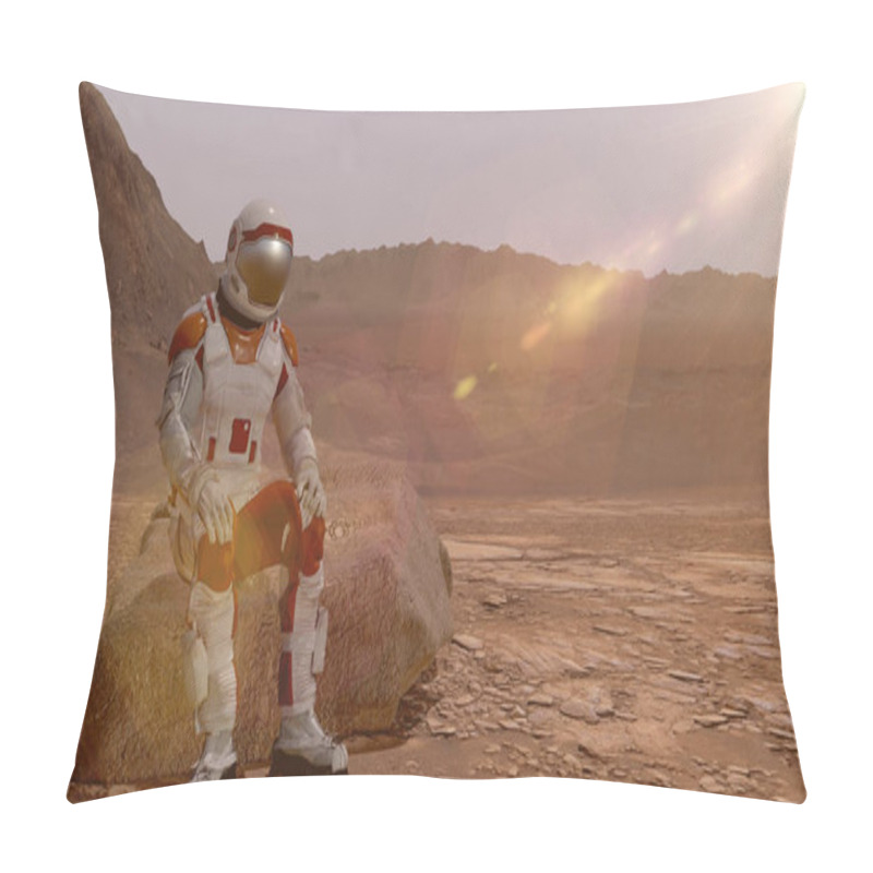 Personality  Astronaut Sitting On Mars And Admiring The Scenery. Exploring Mission To Mars. Futuristic Colonization And Space Exploration Concept. Elements Of This Video Furnished By NASA. 3d Rendering Pillow Covers