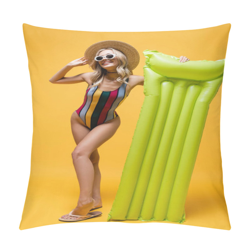 Personality  Full Length Of Pleased Woman In Straw Hat And Swimsuit Standing With Inflatable Mattress On Yellow Pillow Covers