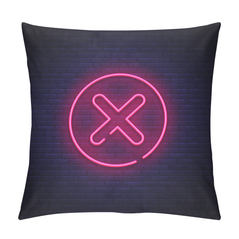 Personality  Delete Icon - Neon Sign Vector. Close Symbol Design Template Neon Sign, Light Banner, Neon Signboard, Nightly Bright Advertising, Light Inscription. Vector Illustration Pillow Covers