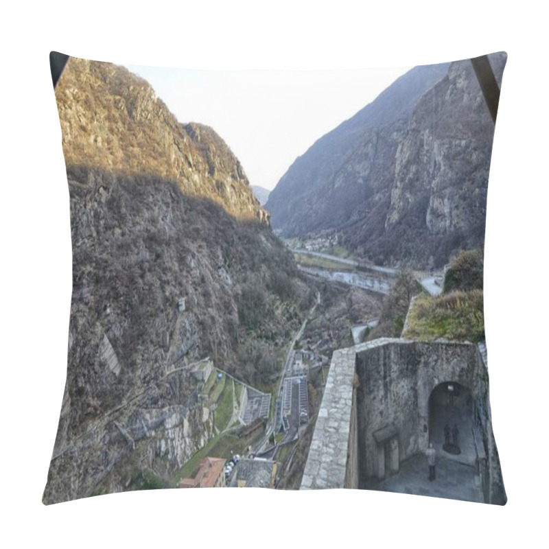 Personality  Forte Di Bard, Valle D'Aosta Region Italy, December 2016. View From The Panoramic Elevator Leading To The Top Of The Fort. This Place Was Chosen In 2014 To Shoot A Film Of Adventure, Action, Fantasy. Pillow Covers