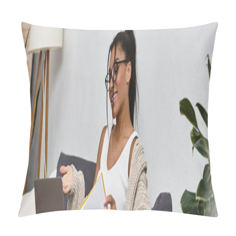 Personality  A Young Woman Studies From Her Comfortable Home, Immersed In Learning And Surrounded By Greenery. Pillow Covers