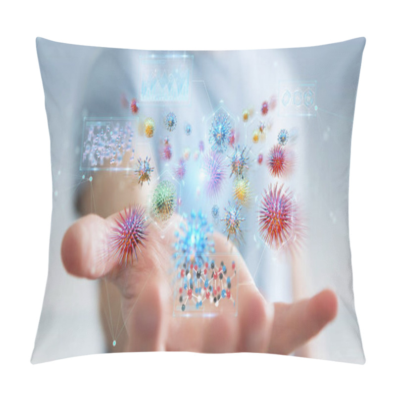 Personality  Businessman On Blurred Background Analyzing Bacteria Microscopic Close-up 3D Rendering Pillow Covers